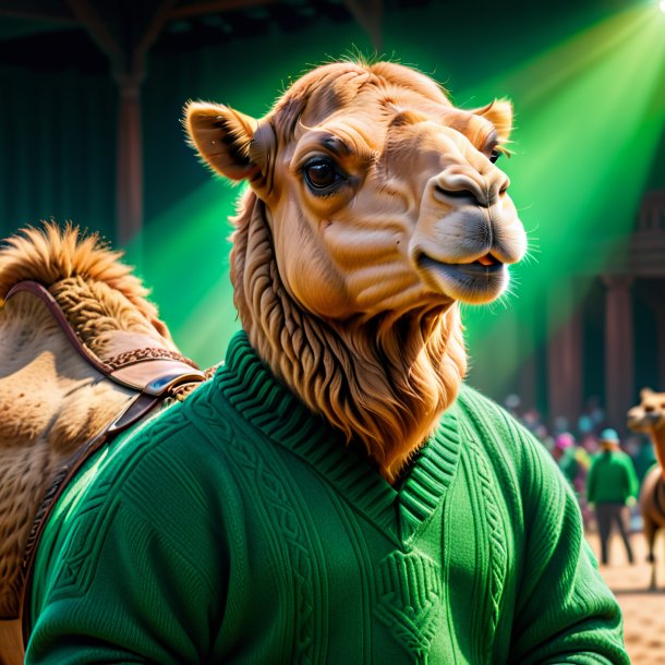 Image of a camel in a green sweater