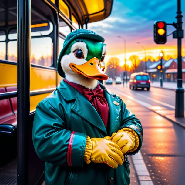 Photo of a duck in a gloves on the bus stop