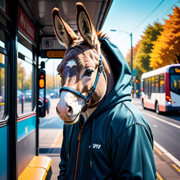 Photo of a donkey in a hoodie on the bus stop