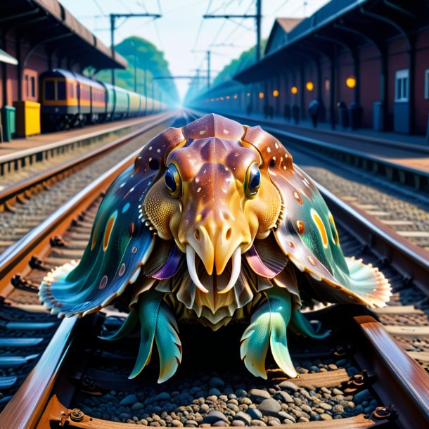 Illustration of a cuttlefish in a coat on the railway tracks