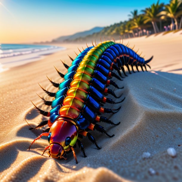 Foto de un ciempiés en un chaleco en la playa