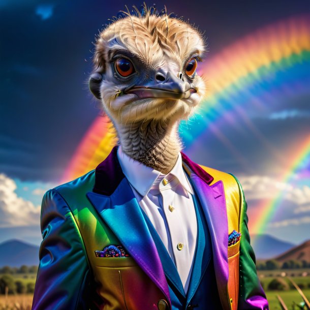 Pic of a ostrich in a jacket on the rainbow