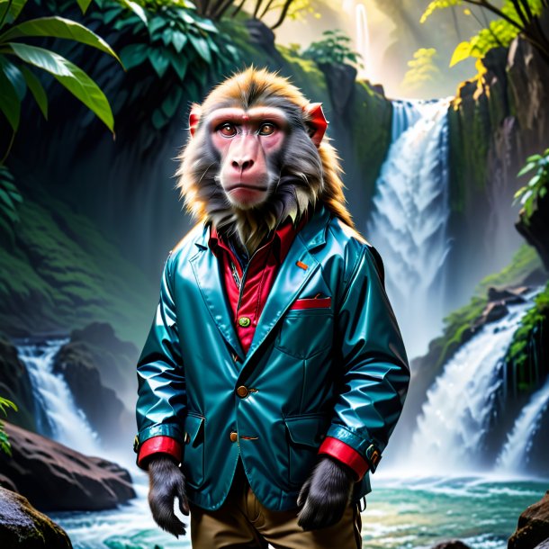 Photo of a baboon in a jacket in the waterfall