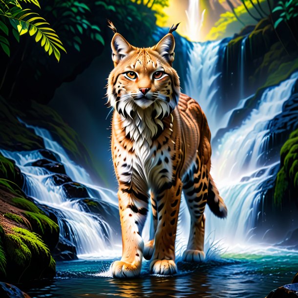 Photo of a lynx in a trousers in the waterfall