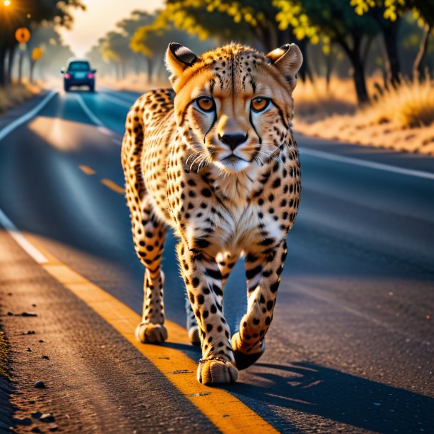 Photo of a cheetah in a shoes on the road