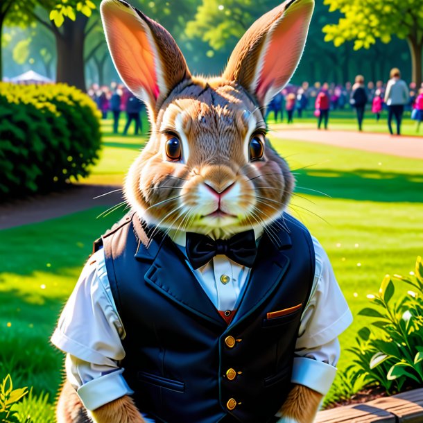 Photo of a rabbit in a vest in the park