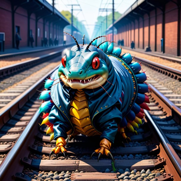 Illustration of a centipede in a coat on the railway tracks