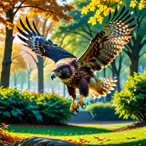 Picture of a jumping of a hawk in the park