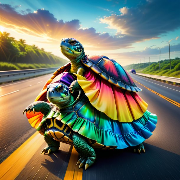 Image of a turtle in a dress on the highway