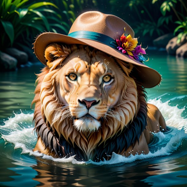 Photo of a lion in a hat in the water