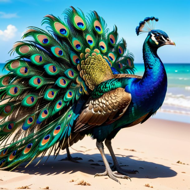 Imagen de un llanto de un pavo real en la playa