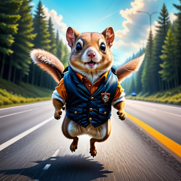 Illustration of a flying squirrel in a vest on the highway