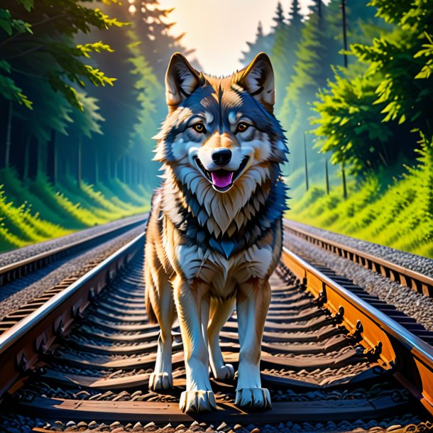 Pic of a smiling of a wolf on the railway tracks