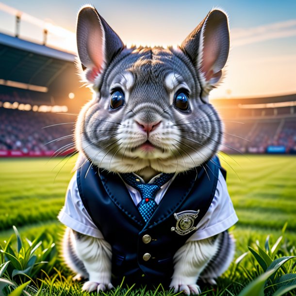 Photo of a chinchillas in a vest on the field