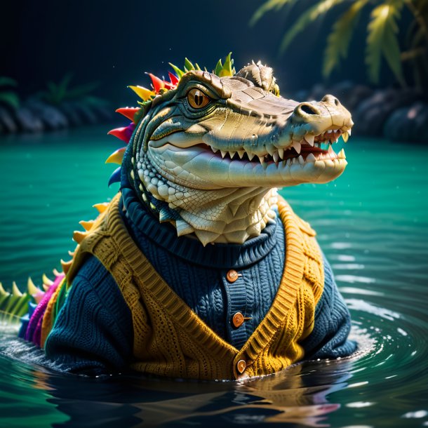 Photo of a crocodile in a sweater in the water