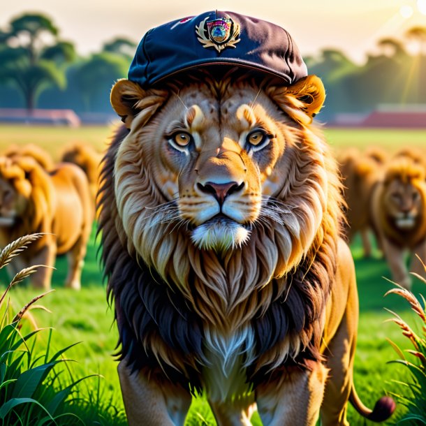 Pic of a lion in a cap on the field