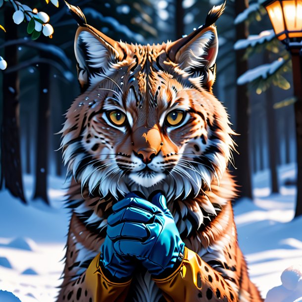 Illustration of a lynx in a gloves in the snow