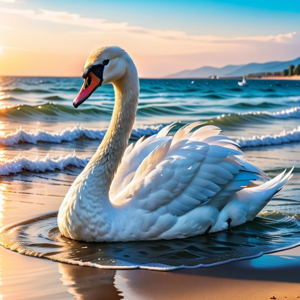 Image of a swimming of a swan on the beach