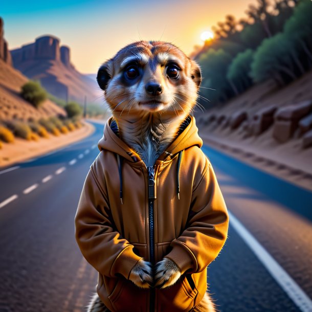 Picture of a meerkat in a hoodie on the road