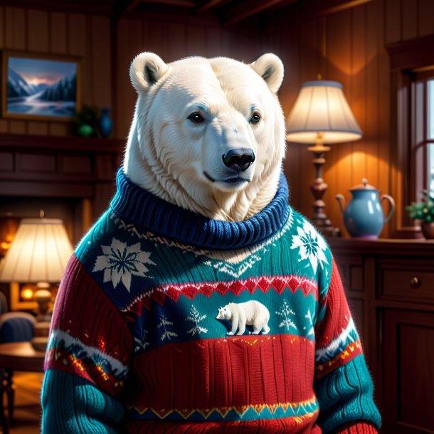 Illustration of a polar bear in a sweater in the house