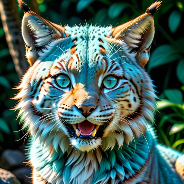 Pic d'un lynx souriant aquamarine