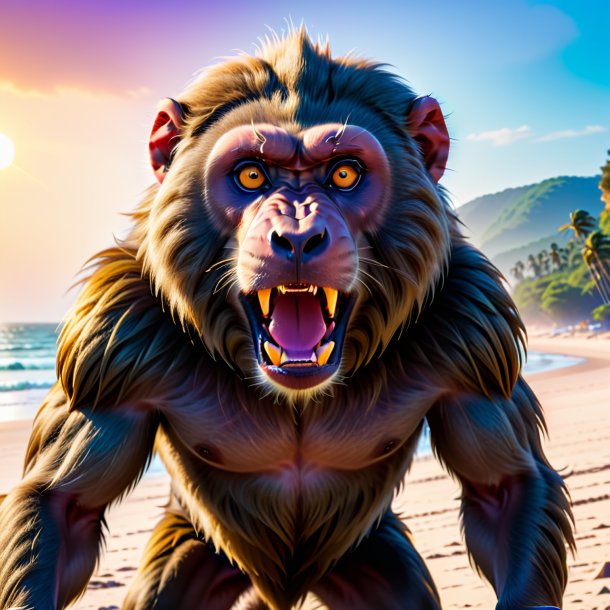 Image of a threatening of a baboon on the beach