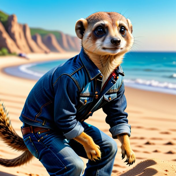 Desenho de um meerkat em um jeans na praia