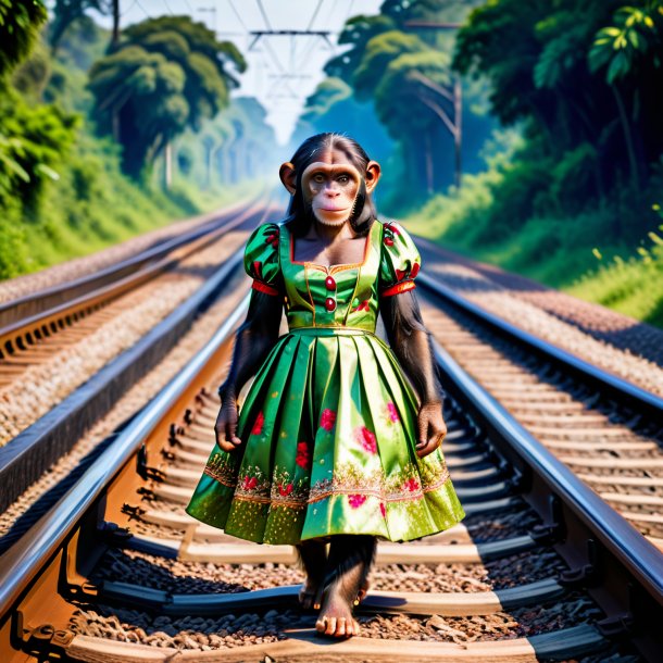 Foto de um chimpanzé em um vestido nos trilhos ferroviários