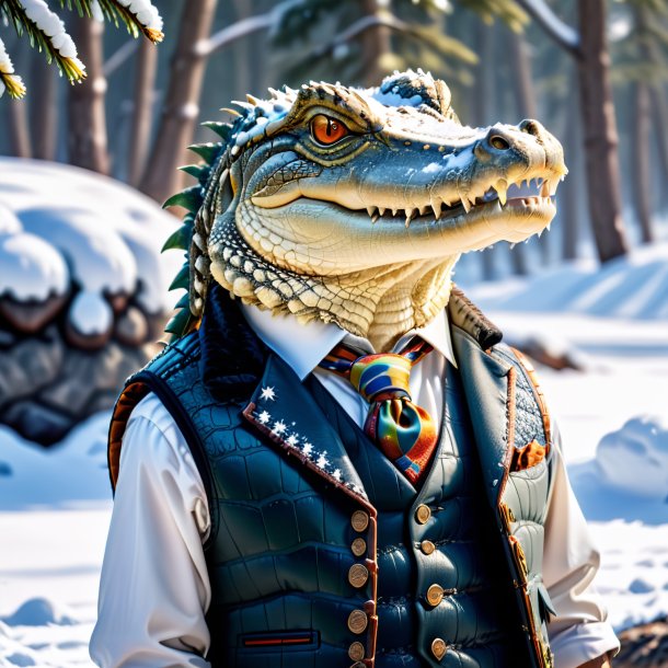 Pic of a crocodile in a vest in the snow