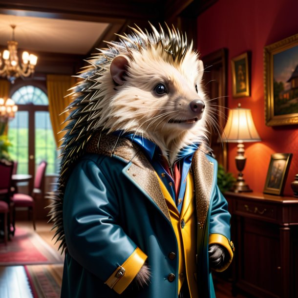 Picture of a porcupine in a coat in the house