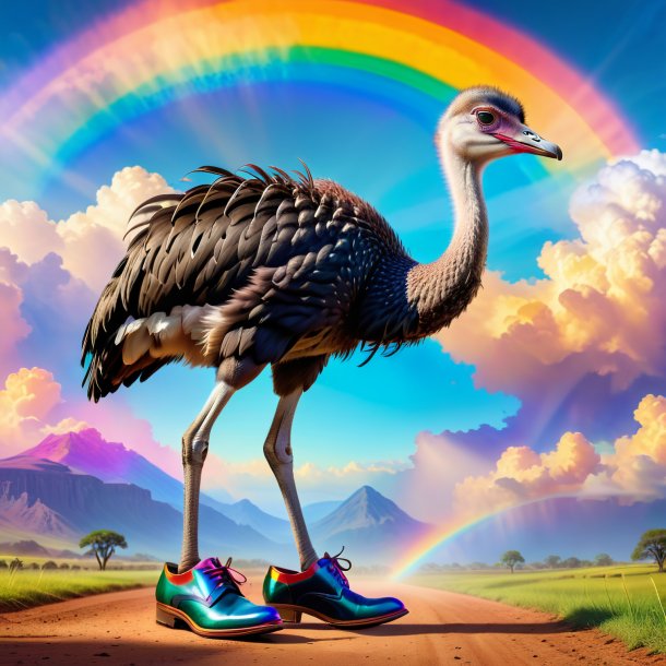 Photo of a ostrich in a shoes on the rainbow