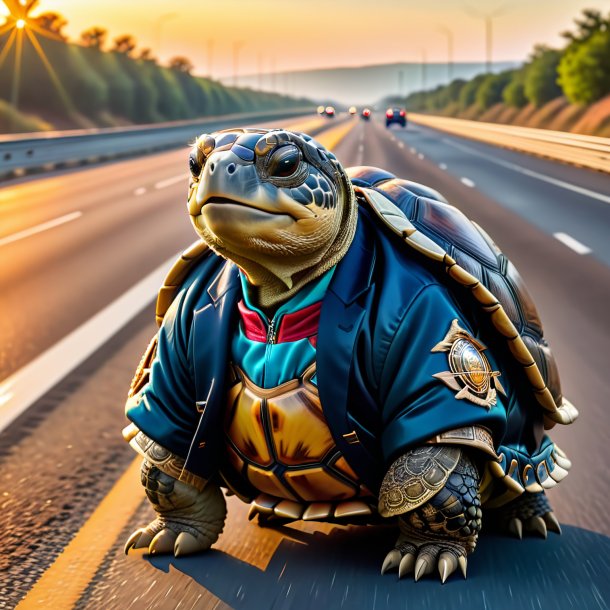 Foto de una tortuga en una chaqueta en la carretera