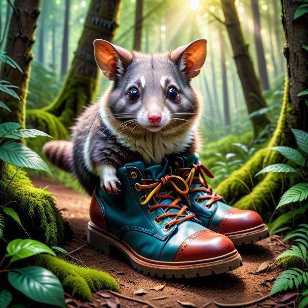 Photo d'un opossum dans une chaussure dans la forêt