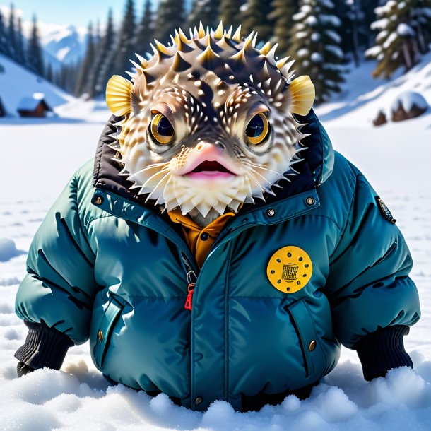 Pic of a pufferfish in a jacket in the snow