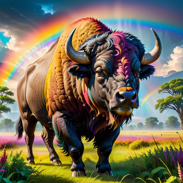 Image of a threatening of a buffalo on the rainbow