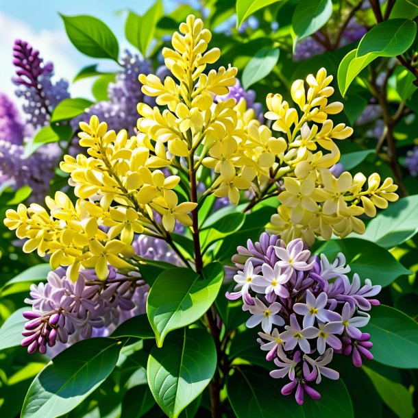 "dépiction d'un lilas jaune, blanc"