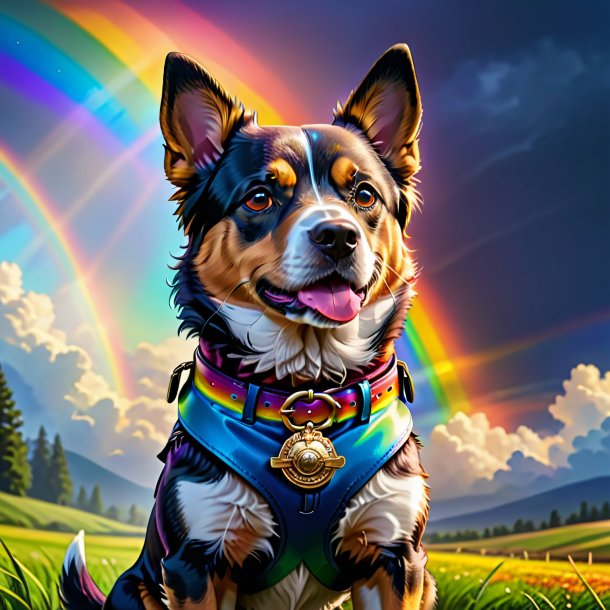 Drawing of a dog in a belt on the rainbow