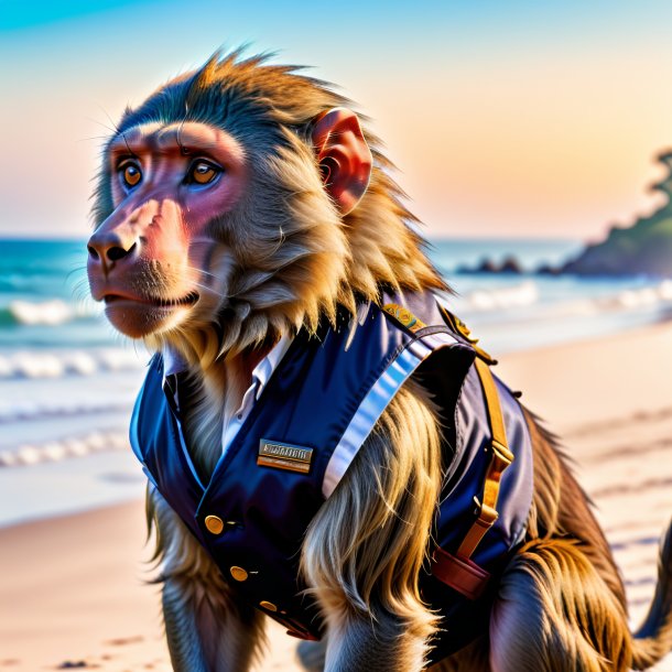 Picture of a baboon in a vest on the beach