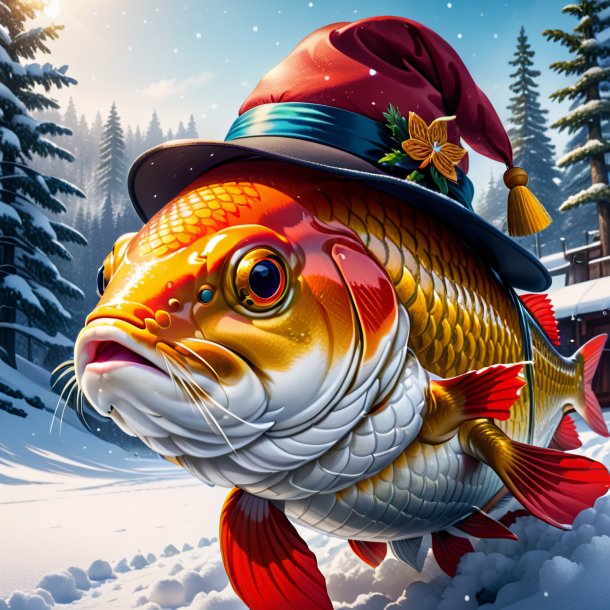 Drawing of a carp in a hat in the snow