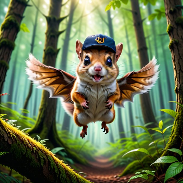 Image of a flying squirrel in a cap in the forest