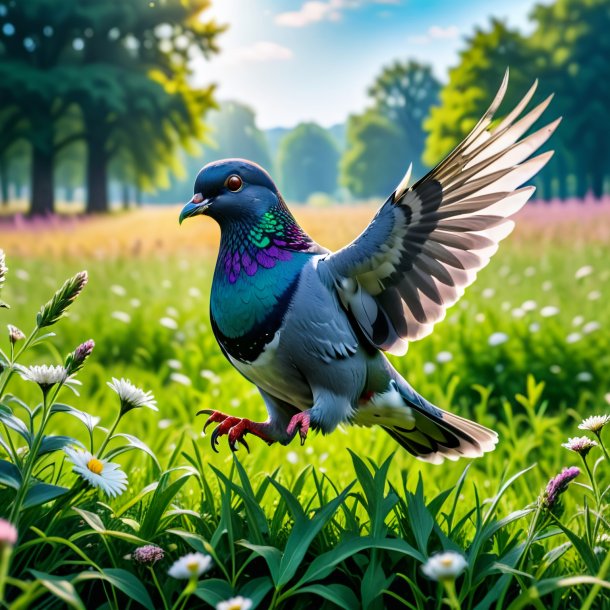 Photo of a jumping of a pigeon in the meadow