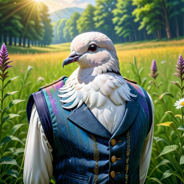 Drawing of a dove in a vest in the meadow