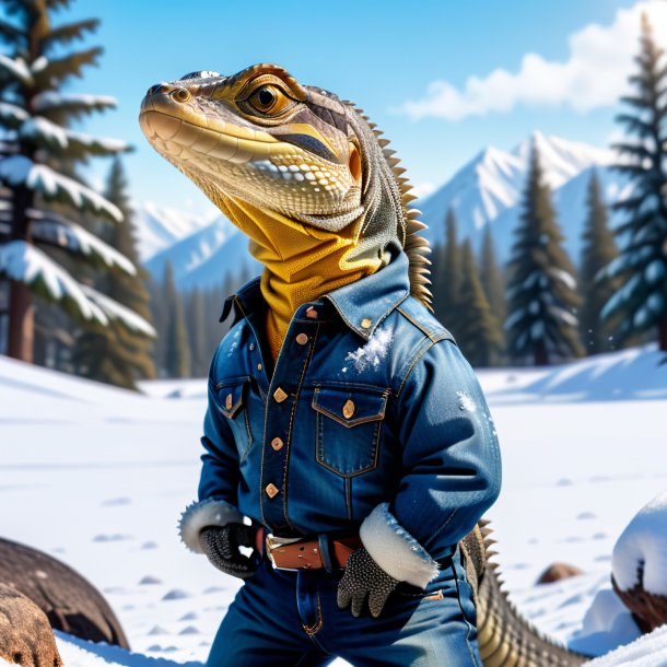 Pic of a monitor lizard in a jeans in the snow