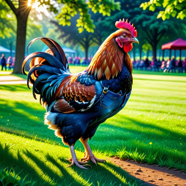 Foto de una gallina en un jeans en el parque