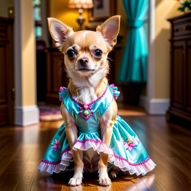 Pic of a chihuahua in a dress in the house