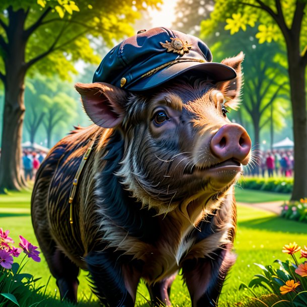 Image of a boar in a cap in the park