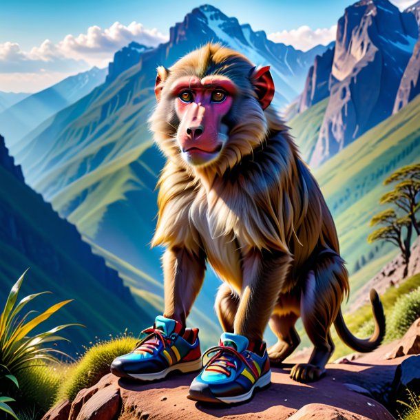 Image of a baboon in a shoes in the mountains