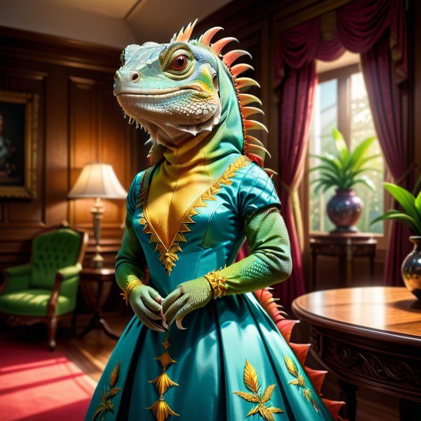 Illustration of a iguana in a dress in the house