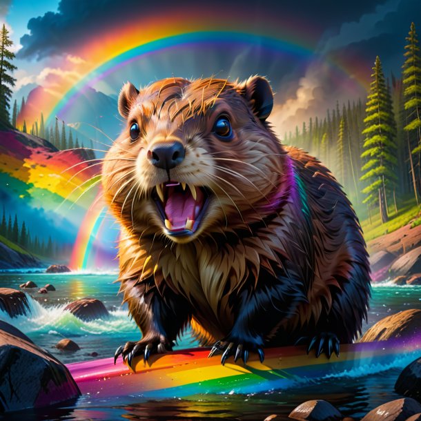 Image of a angry of a beaver on the rainbow