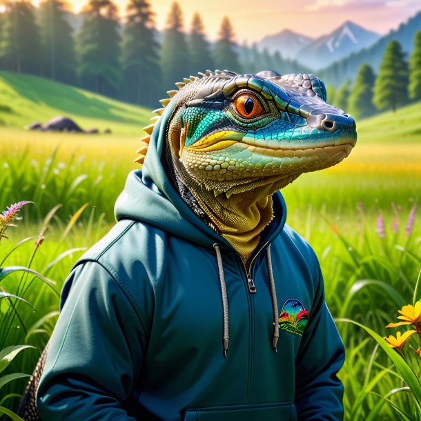 Imagem de um monitor lagarto em um hoodie no prado